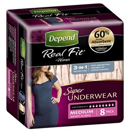 Depend Real Fit For Women Underwear, Super Heavy Absorbency, Medium, 8 Pants