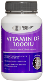 Pharmacy Health Vitamin D3 1000IU 250 Capsules