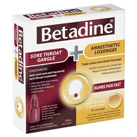 Betadine Sore Throat Gargle + Anaesthetic Lozenges Kit (15ml + 16 Pack)