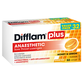 Difflam Plus Anaesthetic Sore Throat Lozenges Honey & Lemon Flavour 32 Pack